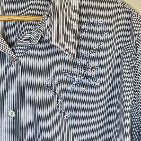 Alfred Dunner Womens Striped Button-Down Shirt 20W Sequin Floral Design - Picture 3 of 6